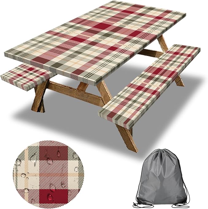 Picnic Table Cover with Bench Covers, 3 Pcs Waterproof Elastic Picnic Table Cover Fall Outdoor Camping Essentials, Windproof Fitted Tablecloth for Indoor Outdoor (Plaid, 72X30 Inch)