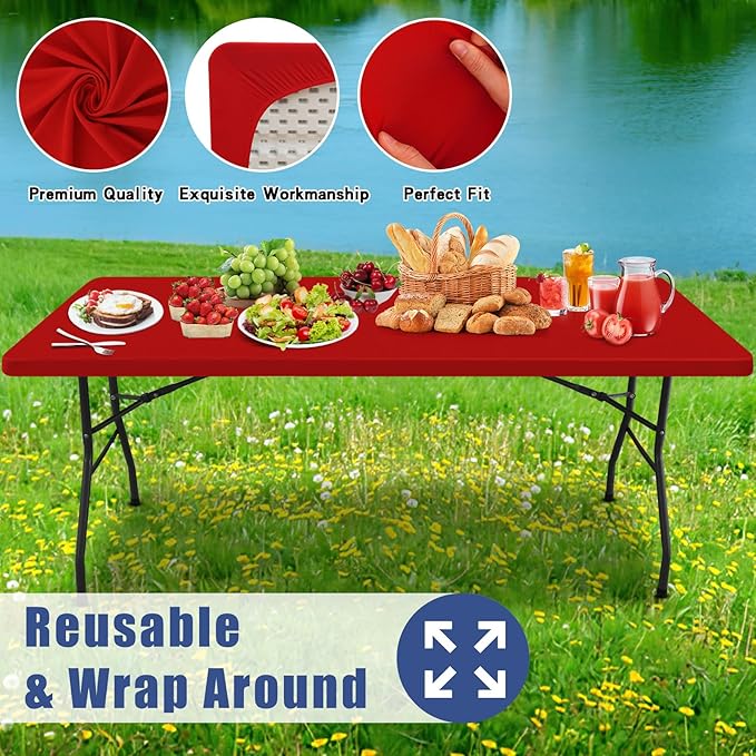 Spandex Picnic Table Cloth 2 Pack, Elastic Fitted Tablecloths for 4 Foot Rectangle Tables, Stretch Washable Patio Table Cover for Camping, Christmas & New Year Parties (Red, 30"x48")