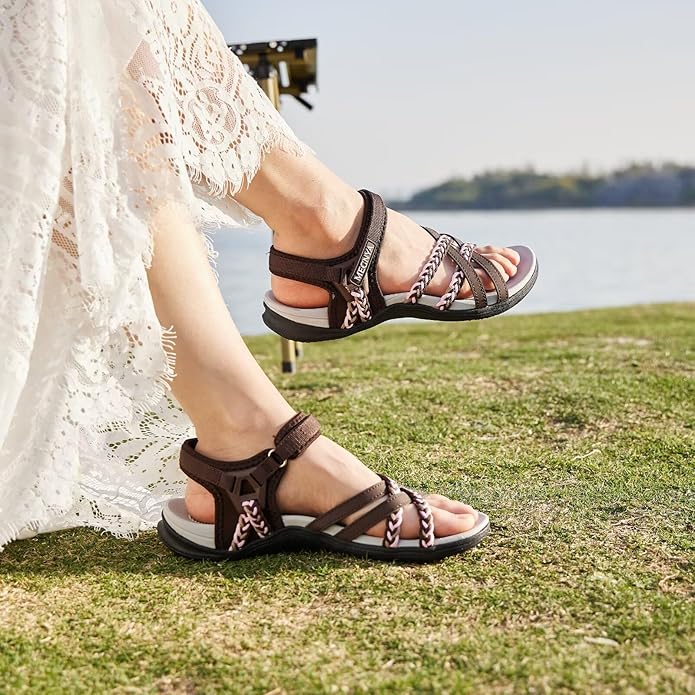 MEGNYA Hiking Sandals for Women, Arch Support Comfortable Walking Sandals Hook Loop Strap, Sports Lightweight Slides