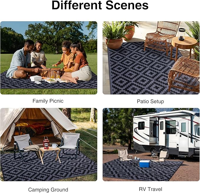 OLANLY Waterproof Outdoor Rug 6x9 ft, Outdoor Plastic Straw Rug for Camping, RV Mat Outside, Indoor Outdoor Carpet for Porch, Deck, Backyard, Balcony, Picnic, Black & Grey