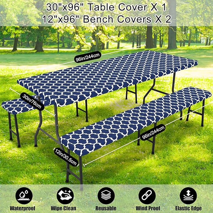 Smiry Picnic Table Cover with Bench Covers, Waterproof Elastic Fitted Tablecloth for 8 Foot Tables, Washable Polyester Tablecloths for Camping, Indoor & Outdoor (Navy Morocco, 30x96 Inch 3-pc Set)