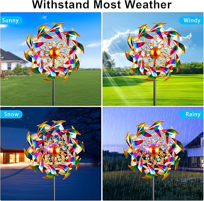 54'' Wind Spinners Outdoor Solar Garden Decor Light - Unique Gemstone Colorful Windmill, Durable Waterproof Design for Garden, Lawn, Patio