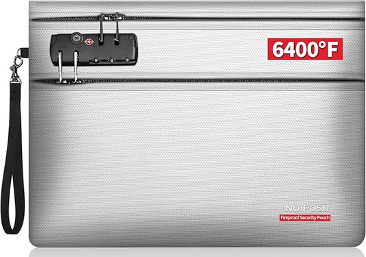 Noiposi 6400℉ Fireproof Document Bag with Lock,Dual-Zip Compartments Fireproof Money Bag for Cash and Documents,12 Layers Heat Insulated Fireproof Bag with Zipper,Protects Important Valuables(Silver)