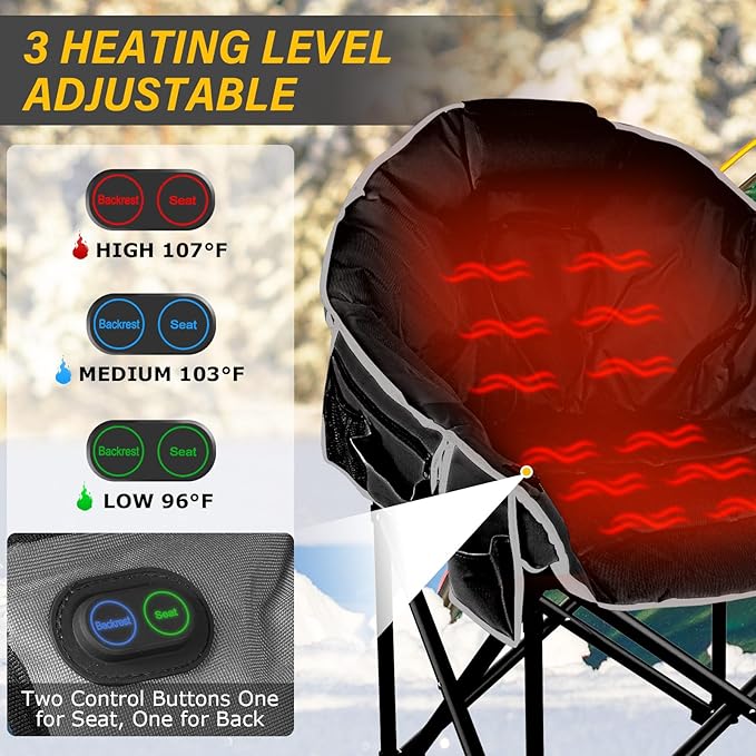 Oversized Heated Camping Chair, 3 Heat Levels Portable Heated Folding Chairs, Camping Heated Chair for Adults Supports 440 lbs, Heavy Lawn Chair for Camping/Patio/Outdoor Sport
