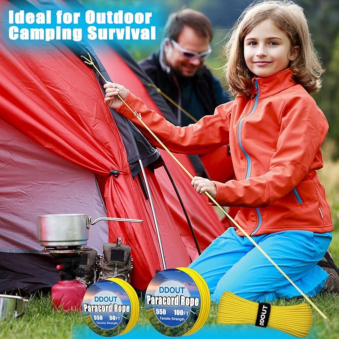 Paracord Nylon Rope Yellow 100ft with 7-Strand Core, 10 Colors and 50/100/200 ft, Type III Parachute Cord 4mm for Camping, Survival, Hiking, DIY, Crafting, Outdoor Utility Rope