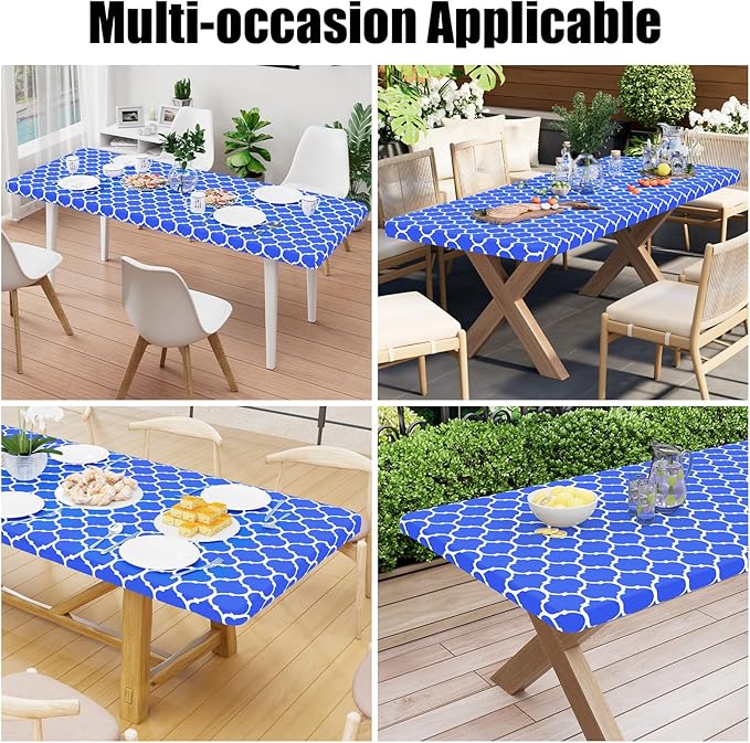 Smiry Rectangle Picnic Table Cover, Waterproof Elastic Fitted Camping Tablecloths for 8 Foot Tables, Wipeable Flannel Backed Vinyl Tablecloth Protector for Indoor, Outdoor (Blue, 30x96 Inches)