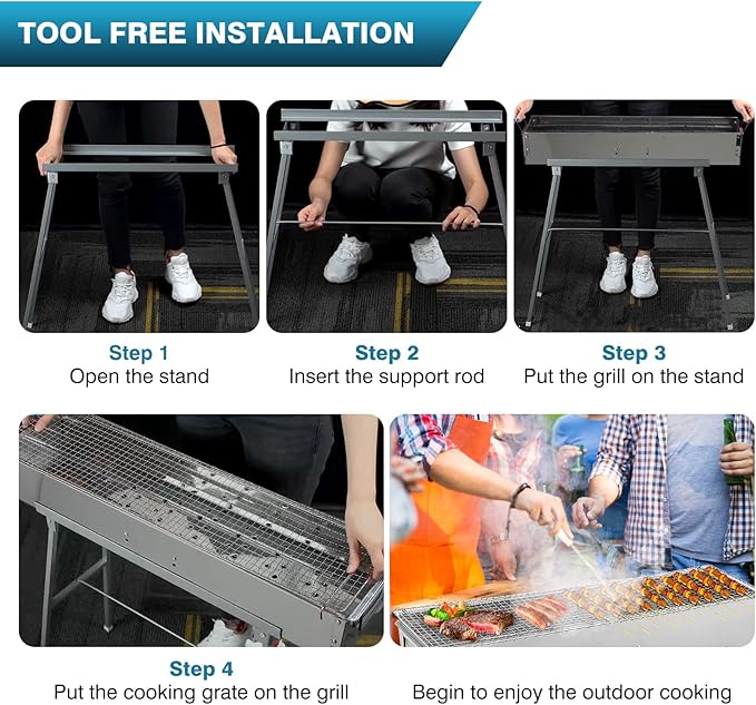 IRONWALLS Portable Charcoal Grills, 32" x 8" Stainless Steel Folded Camping Grill Kebab Skewer BBQ Barbecue Grill Kit for Garden Backyard Party Picnic Travel Home Outdoor Cooking Use