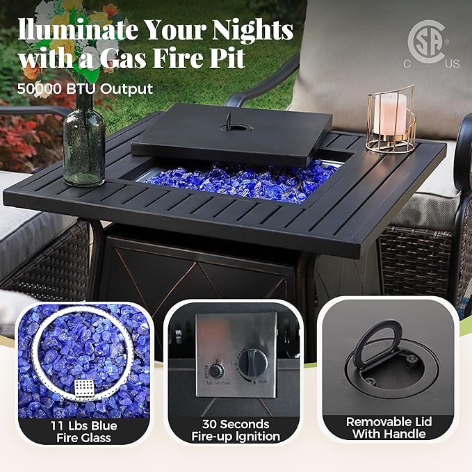 Patio Furniture Set with Fire Pit Table, 5 Pcs Metal Outdoor Conversation Set, 4 Swivel Chairs with 5.75" Extra Thick Cushion and 28" Fire Pit Table for Backyard Deck, Blue