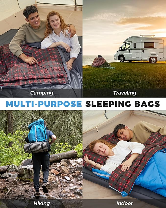 KingCamp Double Sleeping Bag for Adults, Queen Size 2 Person XXL Flannel Sleeping Bag, Waterproof Lightweight Flannel Quilt with 2 Pillows, Perfect for Couples Family Camping Hiking