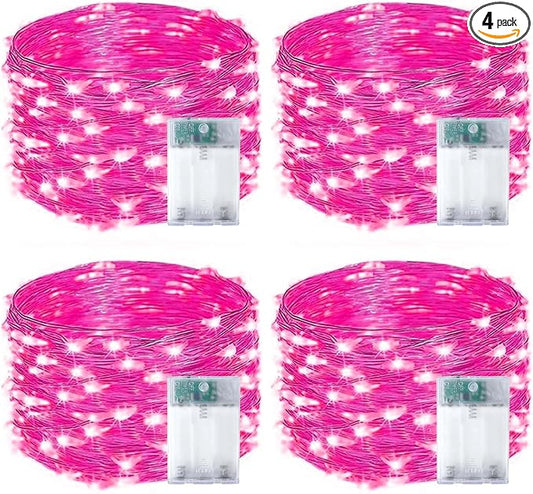 4-Pack 50 LED Pink Fairy Lights Battery Operated with Timer, 16FT Waterproof Starry String Lights Outdoor Indoor, Valentiens Lights for Valentine's Day Bedroom Wedding Birthday Christmas Party Decor