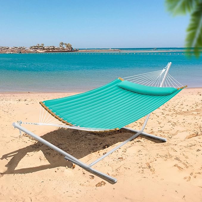 SUPERJARE Hammock with Stand, 2 Person Heavy Duty Hammock with Padded Cotton, Detachable Pillow & Strong Curved-Bar & Portable Carrying Bag, Perfect for Outdoor & Indoor, Turquoise