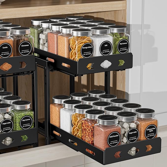 Pull Out Spice Racks for Inside Cabinets, 2-Tier Cabinet Spice Rack Organizer, Height Adjustable Vertical Spice Rack for Kitchen Cabinet (7.5''Wx10.8''Dx9.2''H, Metal Black)
