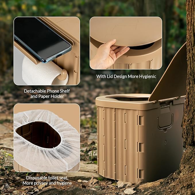 Portable Toilet, Upgraded 15'' Camping Toilet for Adults with Lid, Folding Toilet with Removable Paper Holder, Travel Portable Potty for Camping, Hiking, Roadtrip, Tent, Truck Drivers