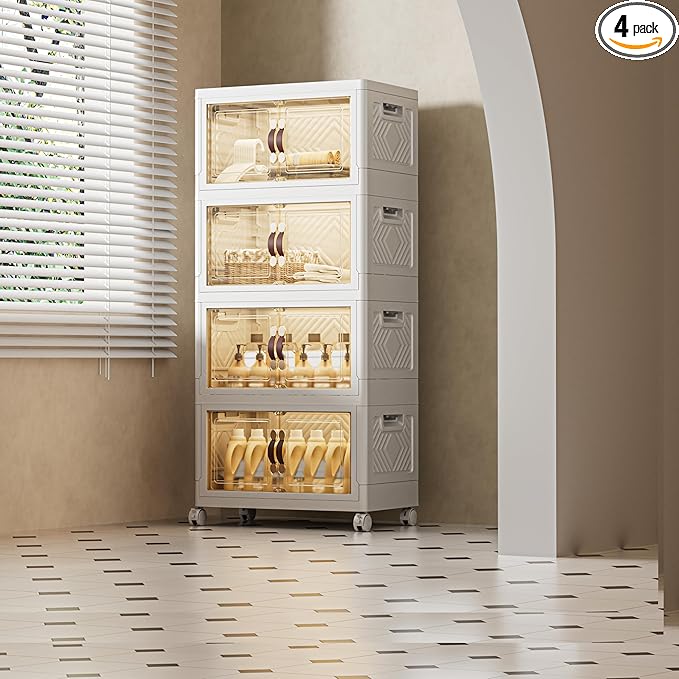 144 QT / 36 Gal Stackable Storage Bins (1 Lid) w/Wheels & Magnetic Doors, Collapsible Plastic Organizer Cabinet for Closet Office Garage - White Storage Containers