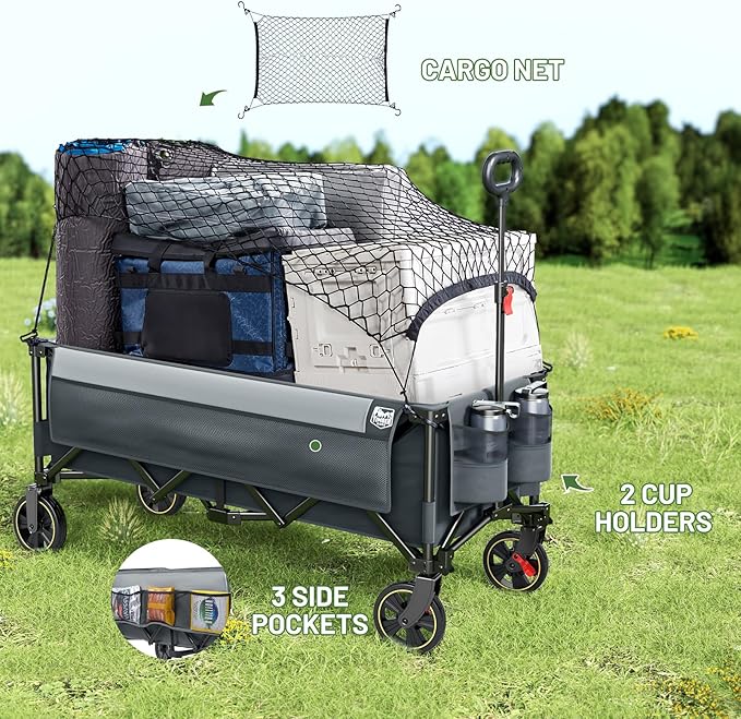 TIMBER RIDGE 51.2'' Extended Collapsible Wagon Cart with Brakes and Cargo Net, 350LBS Heavy Duty Foldable Utility Wagon with Adjustable Handle, 400L Capacity Portable Cart for Camping Sports Shopping