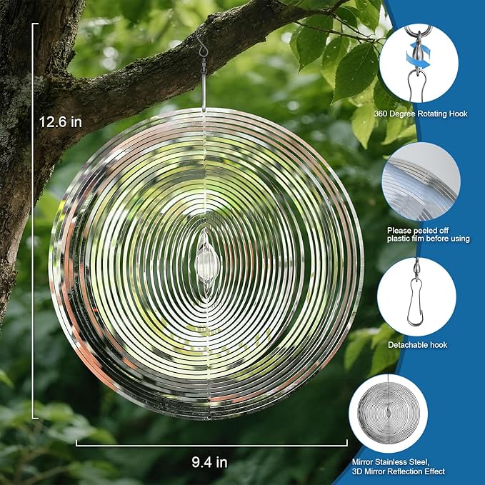 10 inch Wind Spinners Outdoor Silver Round Metal Wind Spinners for Yard and Garden, Stainless Steel Hanging Wind Chimes for Outside Patio Art Decor Whirligig Gifts for Mom Grandmother