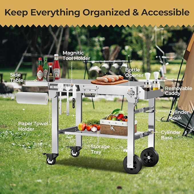 R.W.FLAME Portable Folding Grill & Prep Table with Wheels, Stainless Steel BBQ Stand for Camping, Tailgating & Outdoor Cooking, Rolling Dining Cart for Tabletop Grill, Griddle & Pizza Oven