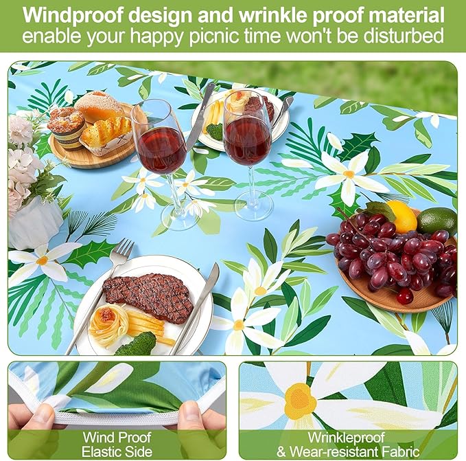 Picnic Table Cover with Bench Covers Camping Essentials Waterproof Windproof Camping Tablecloth with Drawstring Bag, Fitted Rectangle Tables and Seats, 96in, Blue White