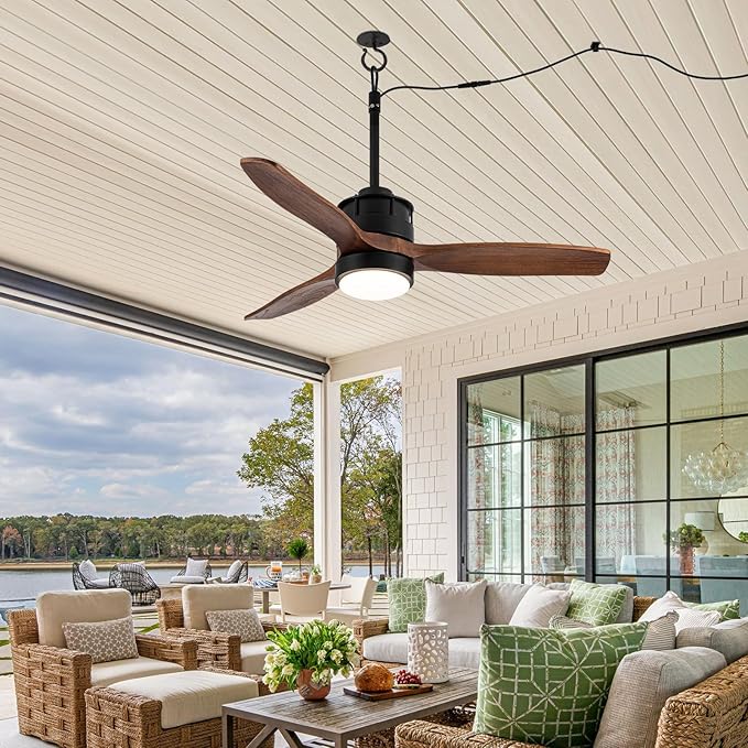 EKIZNSN 32“ Wet Rated Ceiling Fans with Lights Outdoor Hanging for Gazebo Waterproof, DC Motor w 3 Reversible Walnut Wood Blades, Walnut