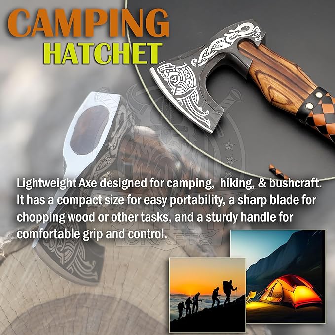 SHINY CRAFTS-Viking Axe Bearded Axe Tomahawk Birthday Gifts-Valhalla Axe, Carbon Steel Viking Axe Head, Engraved Handle, Wolf Camp Axe, Genuine Leather Sheath & Wrap (VBA 03)