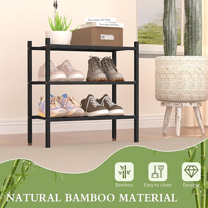 3-Tier Bamboo Small Shoe Rack, Free Standing Wood Shoe Shelf Storage Organizer for Closet Entryway Stackable (Black)