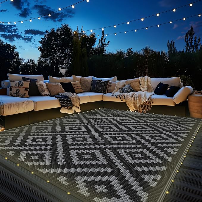 GENIMO Outdoor Rug with LED Strip Lights, 8'x10' Waterproof Camping Mat, Reversible Plastic Straw Rugs for Patio, RV, Camper, Balcony, Backyard, Picnic, Deck, Black & Gray