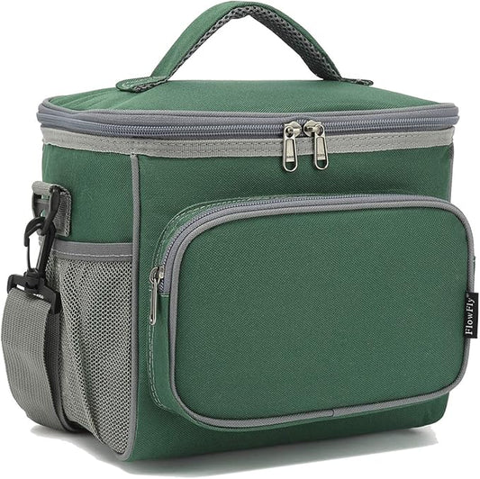 FlowFly Insulated Reusable Lunch Bag Adult Large Lunch Box for Women and Men with Adjustable Shoulder Strap,Front Zipper Pocket and Dual Large Mesh Side Pockets,ArmyGreen