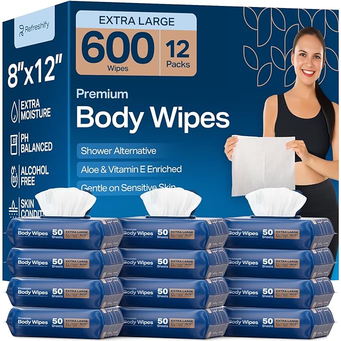 Extra Large Shower Body Wipes for Adults 8" x 12" (600 count) + 12 Travel Packs | Adult Wipes for Elderly, Bathing No Rinse, Vitamin E and Aloe, 12 Packs of 50