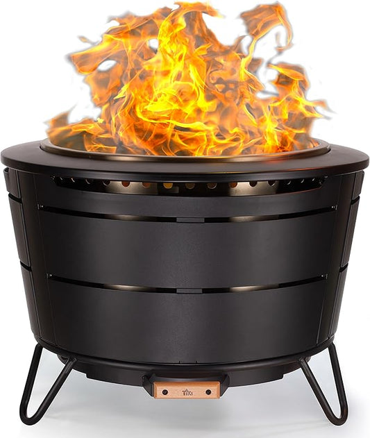 TIKI 27.5-Inch Smokeless Reunion Fire Pit, Large Outdoor Fire Pit for Gatherings, Wood Burning with Removable Ash Pan & Weather-Resistant Cover, Modern Black Design – Perfect for Patio & Backyard