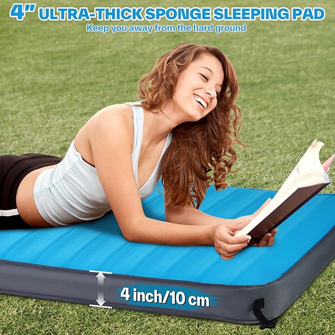 Sportneer Sleeping Pad for Camping: 4" Ultra-Thick Air & Foam Camping Mattress with 10 R Value, 4-Season Large Size 78" x 30" Self-Inflating Sleeping Pad for Camp/Travel/Car/Tent, Easy to Inflate