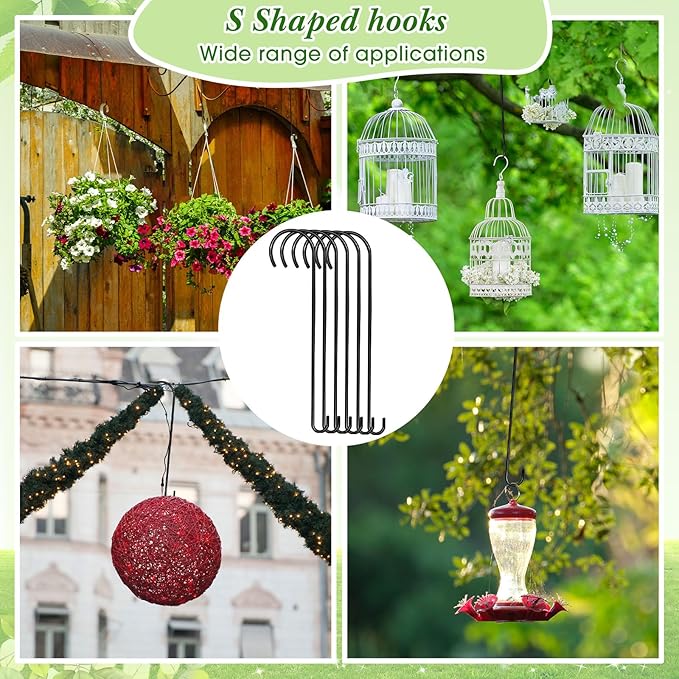 6 Pack 24 Inch Large S Hooks for Hanging Plants Black Metal Plant Hanger Long Tree Hooks Plant Hooks Outdoor Hanging Hooks for Tree Branch, Bird Feeder, Basket, Lantern Indoor Closet Garden