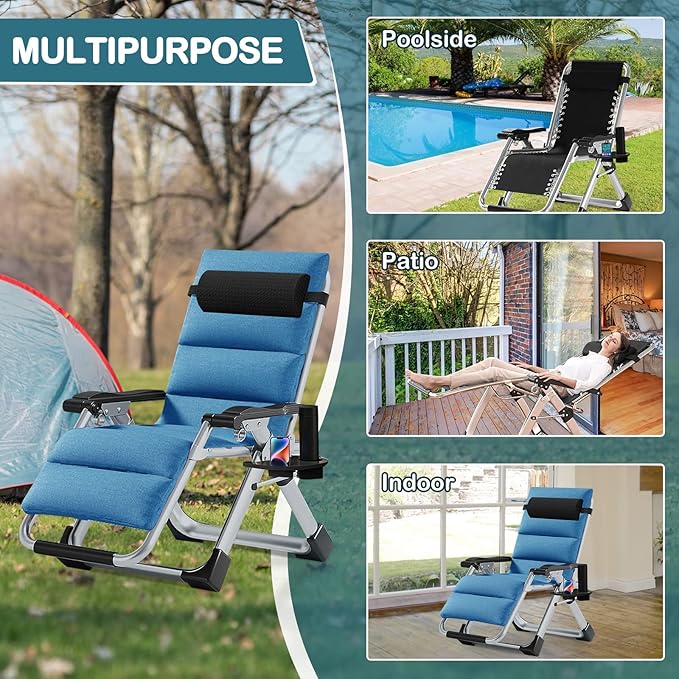 NAIZEA Padded Zero Gravity Chair, Folding Outdoor Lounge Chairs, Adjustable Reclining Camping Chairs with Cup Holder, Ergonomic Patio Lawn Chair for Balcony Beach Deck Yard