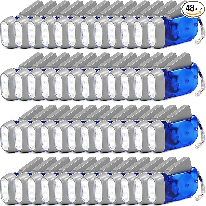 Leelosp 48 Pcs Hand Crank Flashlight No Battery Required Cranked Flashlight Manual Press Flash Light 3 LED Squeeze Light for Camping Hiking Power Outage Gift(Blue)