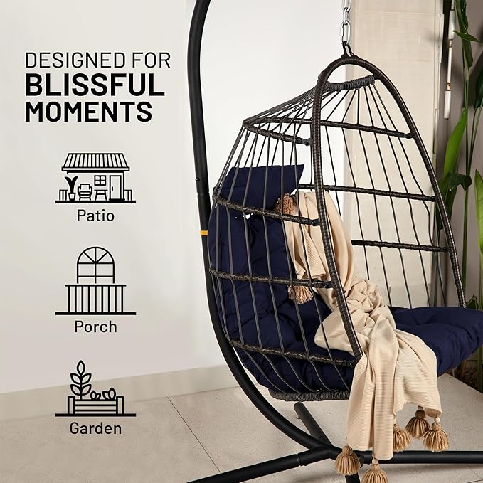 SereneLife Foldable Egg Chair with Stand – Hanging Rattan Wicker Swing for Indoor Outdoor Use – 350 lbs Capacity, Breathable Cushion & Headrest – Patio, Balcony, Porch, Bedroom Lounge Furniture