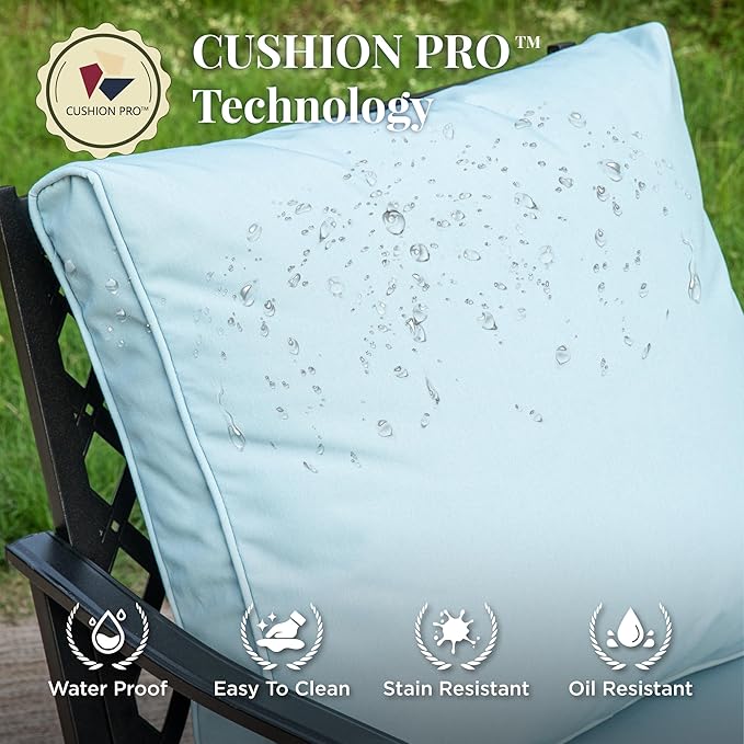 Patio Furniture Set with Fire Pit Table, 5 Pcs Metal Outdoor Conversation Set, 4 Single Chairs with 5.75" Extra Thick Cushion and 28" Fire Pit Table for Backyard Deck, Blue