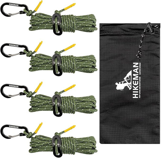 HIKEMAN Reflective Tent Rope Guyline - 4M Camping Guide Ropes,3mm Tent Guy Ropes Cord with Aluminum Tensioners Adjuster for Outdoor Camping Hiking Caravan Awning Tents (Army Green, 3mm)