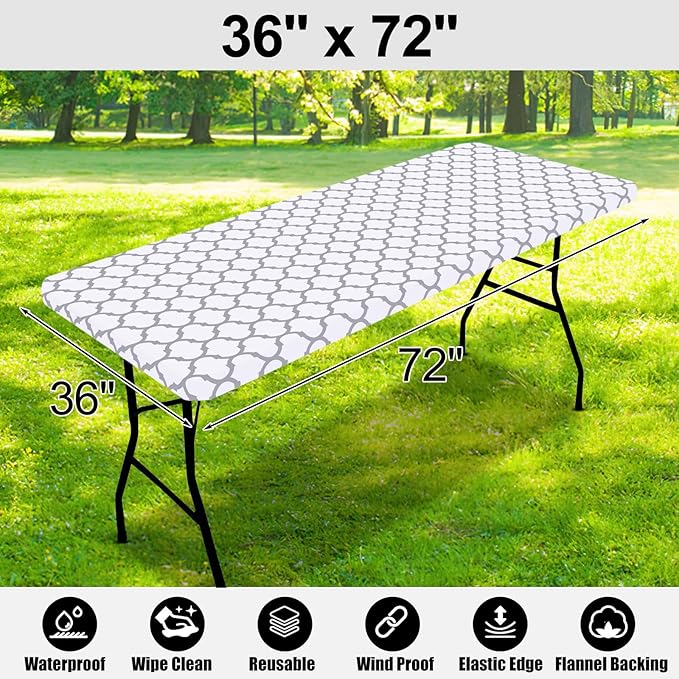 Smiry Rectangle Picnic Table Cover, Waterproof Elastic Fitted Camping Tablecloths for 6 Foot Tables, Wipeable Flannel Backed Vinyl Tablecloth Protector for Indoor, Outdoor (White, 36x72 Inches)