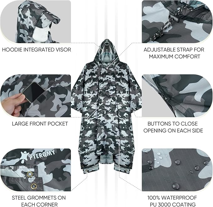 PTEROMY Hooded Rain Poncho for Adult with Pocket, Waterproof Lightweight Unisex Raincoat for Hiking Camping Emergency