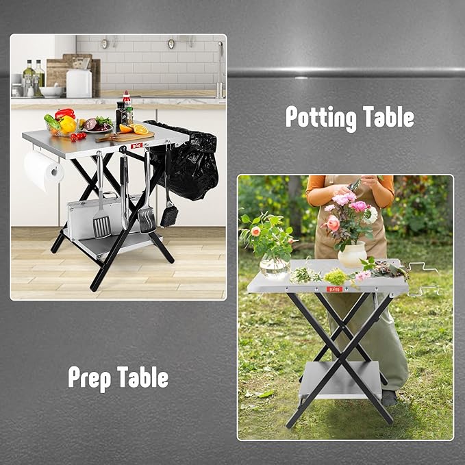 Outdoor Grill Table, Foldable Pizza Oven Stand & Blackstone Griddle Stand with Garage Rack & Tissue Holder, Folding Outdoor Prep Table for Gathering and Party, 30" x 24", Stainless Steel