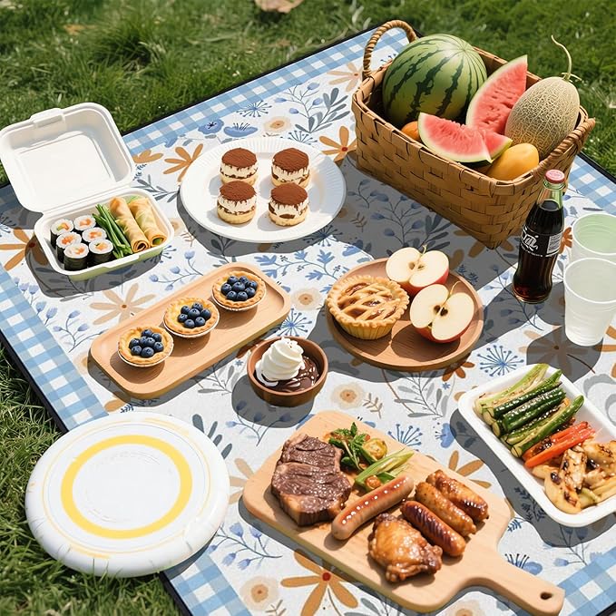 Extra Large Picnic Outdoor Blanket 60''x80'' Teal Blue Tribal Stripes Waterproof and Sandproof Picnic Mat for Beach Foldable Camping Accessories for Grass Lawn Park