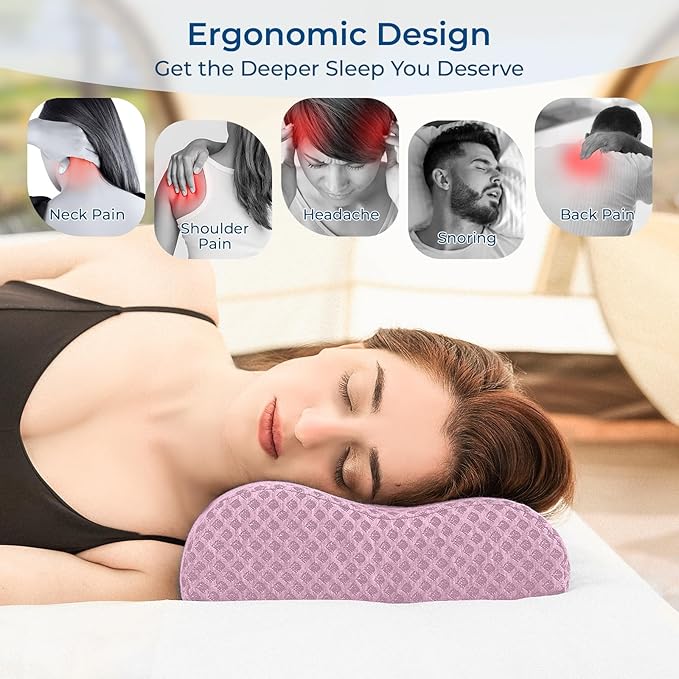 Travel Pillow Memory Foam Pillows, Ergonomic Wave Cervical Neck Pillow for Neck Pain Relief, Compressible Medium Firm Side Sleeper Pillow, Ideal for Camping, Office, Home & Bed (Pink, L)