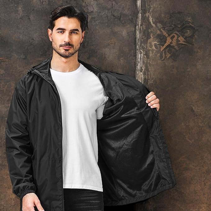 Men's Packable Rain Jacket Waterproof Outdoor Classic Lightweight Raincoat Hooded Windbreaker
