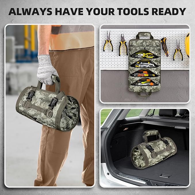 Tool Bag Roll Up, UUP Heavy Duty Rolled Empty Tool Storage Organizing, Portable Tool Roll Container with 2 Detachable Pockets, Folding Tool Holder, Father Day Dad Men Electrician Gift, Camouflage