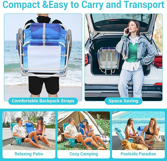 #WEJOY Folding Beach Chair for Adults, 4-Position Aluminum Lightweight Beach Chair, Low Sands Chairs with Shoulder Strap, Cup Holder and Padded Headrest, Supports 265lbs for Lawn