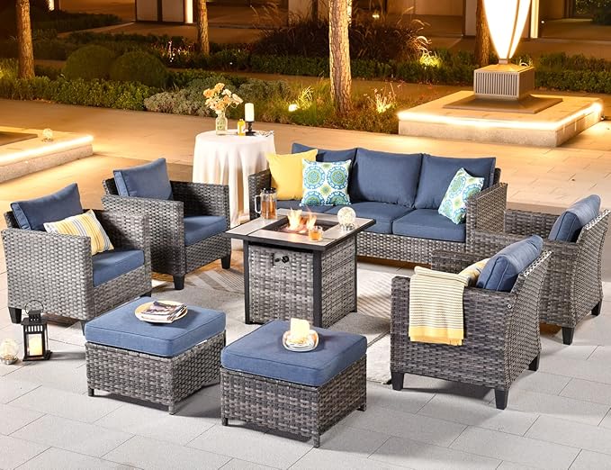 ovios 8 Pieces Patio Furniture Set with 30" Fire Pit Table, Outdoor Wicker Sofa with Comfy Cushions, All Weather High Back Rattan Couch Conversation Set, Denim Blue