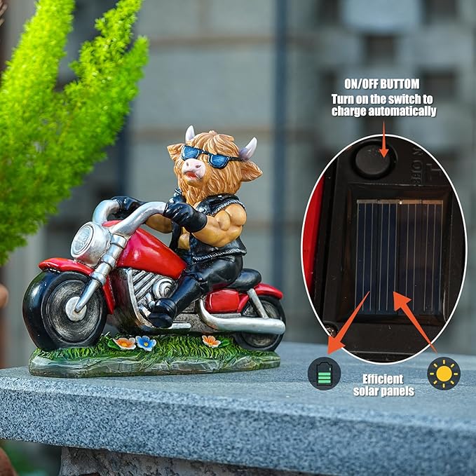 Decorative Highland Cow on Motorcycle Statue with LED Headlight - Rustic Outdoor Garden Ornament, Biker Cow Figurine for Yard, Patio, or Home Decor Gifts