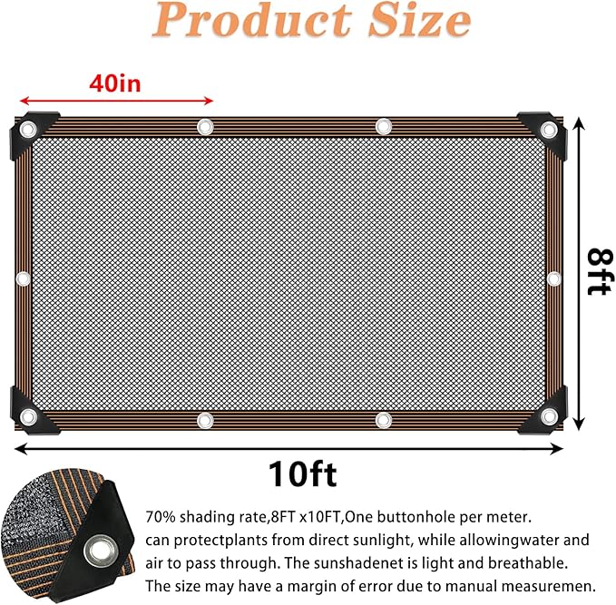 70% Shade Cloth - for Garden Plants Greenhouse, 8'x10' Sunblock Shade Cover -for Outdoor Garden Pergola Patio Lawn Sun Shade Cloths for Kennel Chicken Coop Easier to Hang Plant Shade Neting