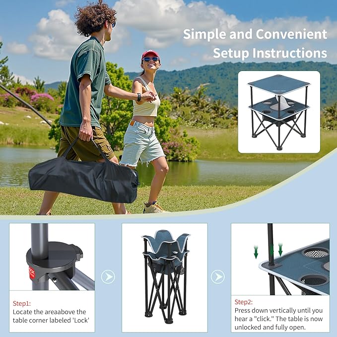 Folding Beach Table, Camping Table for Sand with Insulated Cooler Storage & 4 Cup Holders, Portable Pop Up Picnic Table, Lightweight Side Table for Outdoor