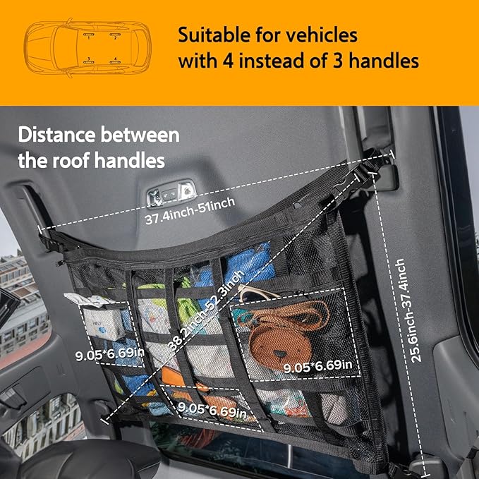 Car Ceiling Cargo Net with 3 Pockets,31.5"x21.6" Car Overhead Storage Mesh Organizer,Double Layer Roof Mesh Camping Overlanding Gear Must Haves Cargo Net,Road Trip Essentials