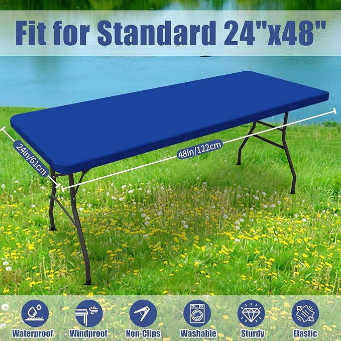 Spandex Picnic Table Cloth 2 Pack, Elastic Fitted Tablecloths for 4 Foot Rectangle Tables, Stretch Washable Patio Table Cover for Outdoor, Camping, Banquet and Parties (Blue, 24"x48")